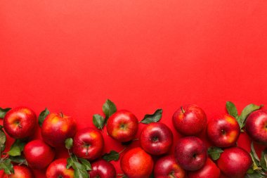 Renkli arka planda bir sürü kırmızı elma, üst manzara. Tasarım veya metin için kopyalama alanı olan taze elma görünümlü sonbahar deseni.
