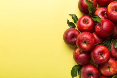 Renkli arka planda bir sürü kırmızı elma, üst manzara. Tasarım veya metin için kopyalama alanı olan taze elma görünümlü sonbahar deseni.