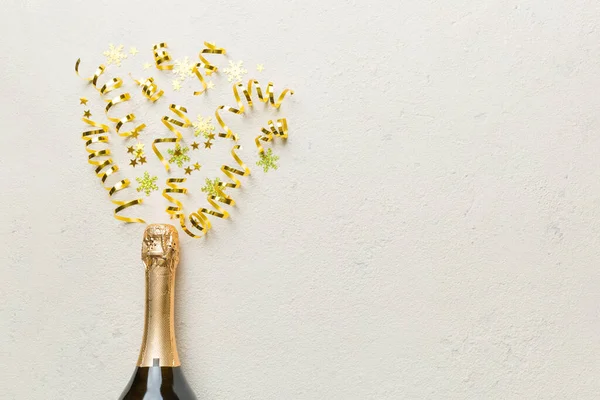 Creatieve Platte Lay Compositie Met Fles Champagne Ruimte Voor Tekst — Stockfoto
