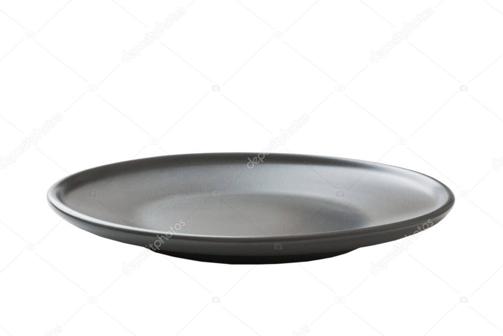 Grey ceramic round plate isolated over white background. perspective view.