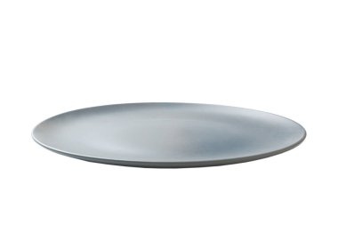 Beyaz zemin üzerinde izole edilmiş mavi seramik yuvarlak tabak. perspektif görünümü.