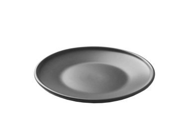 Beyaz arka planda izole edilmiş gri seramik yuvarlak tabak. perspektif görünümü.