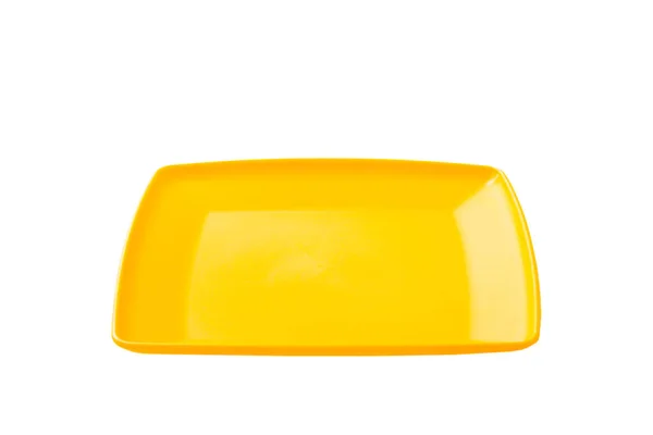 Gele Plastic Vierkante Plaat Geïsoleerd Witte Achtergrond Perspectief — Stockfoto