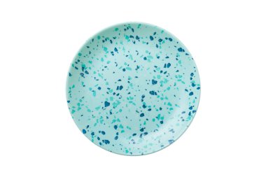 Beyaz zemin üzerinde izole edilmiş mavi seramik yuvarlak tabak. Üst görünüm.