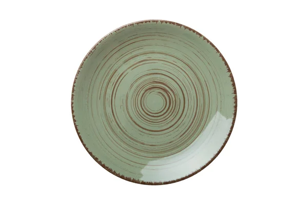 Green Ceramic Plate Isolated White Background Top View — Stock Photo, Image