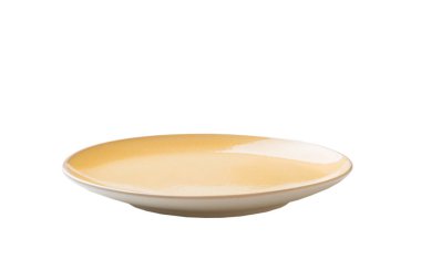 Beyaz zemin üzerinde izole edilmiş sarı seramik yuvarlak tabak. perspektif görünümü.