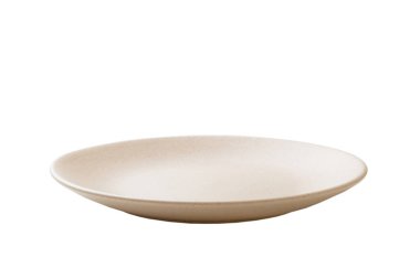 Beyaz arka planda izole edilmiş sütlü seramik yuvarlak tabak. perspektif görünümü.