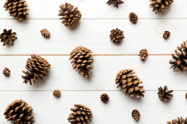 Çam kozalakları renkli masada. Çam kozalakları bir araya toplanmış doğal tatil geçmişi. Düz yatıyordu. Kış konsepti.