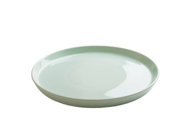 Beyaz zemin üzerinde izole edilmiş mavi seramik yuvarlak tabak. perspektif görünümü.