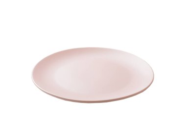 Pembe seramik yuvarlak tabak beyaz arka planda izole edilmiş. perspektif görünümü.
