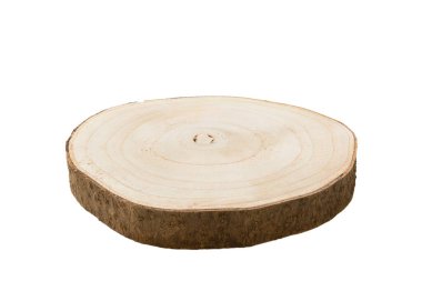 Kahverengi renkli tahta yuvarlak plaka ya da beyaz arka planda izole edilmiş kütük. perspektif görünümü.