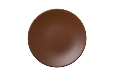 Kahverengi seramik yuvarlak tabak beyaz arka planda izole edilmiş. Üst görünüm.