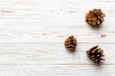 Renkli kağıt kenarlık kompozisyonu üzerinde noel kozalakları. Noel, yeni yıl, kış konsepti. Düz konum, üst görünüm, kopyalama alanı.