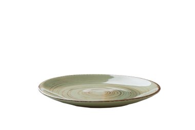 Beyaz zemin üzerinde yeşil seramik yuvarlak tabak izole. perspektif görünümü.