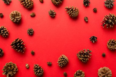 Renkli arka planda minimum yaratıcı koni çerçeve düzenleme şablonu. Düz yatış, üst manzara. Kopya alanı olan noel arkaplanı.