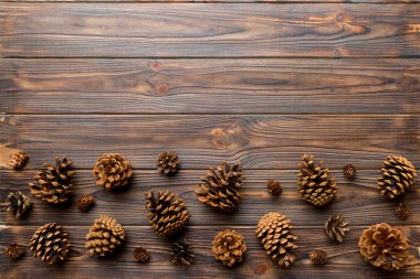 Renkli kağıt kenarlık kompozisyonu üzerinde noel kozalakları. Noel, yeni yıl, kış konsepti. Düz konum, üst görünüm, kopyalama alanı.