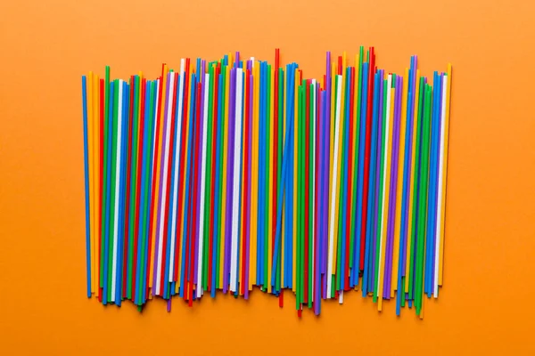 Many Multi Colored Plastic Tubes Cocktail Colored Background Top View — Stock Photo, Image