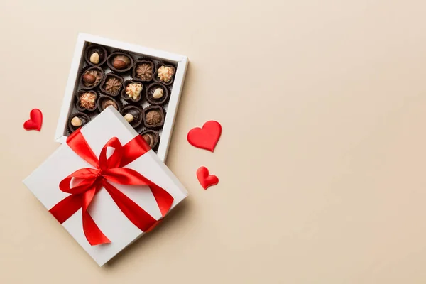 Delicious Chocolate Pralines Red Box Valentine Day Heart Shaped Box — Stock Photo, Image