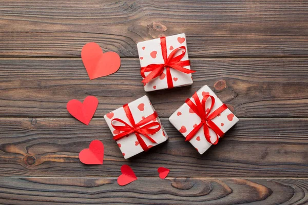 Valentine Day Composition Background Red Gift Box Bow Heart Christmas — Stock Photo, Image