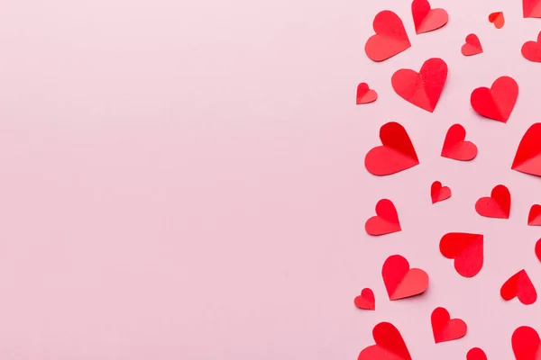Valentinstag Hintergrund Mit Roten Herzen Draufsicht Mit Kopierraum — Stockfoto