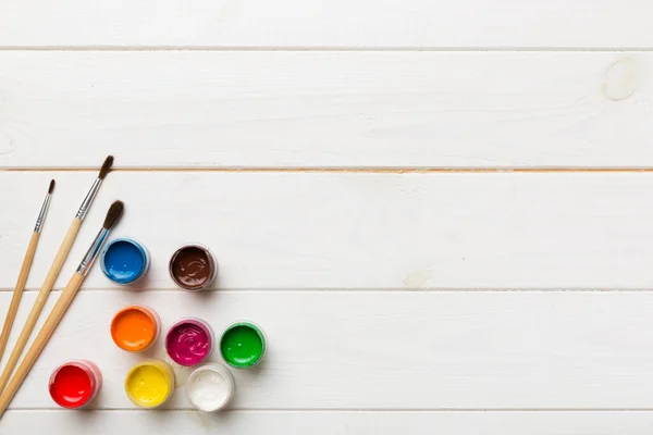 Art Palette Paint Brushes Close Top View Empty Space Workplace — Foto Stock