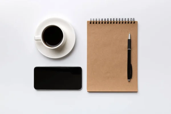 Modern Office Desk Table Notebook Smartphone Other Supplies Cup Coffee — Stockfoto