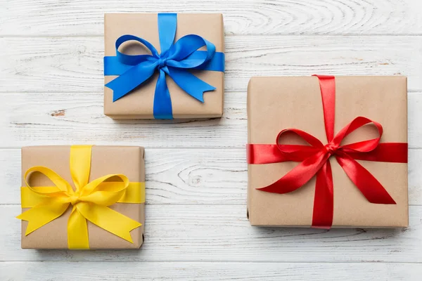 Collection Holiday Present Boxes Colored Background Top View Close — Fotografia de Stock