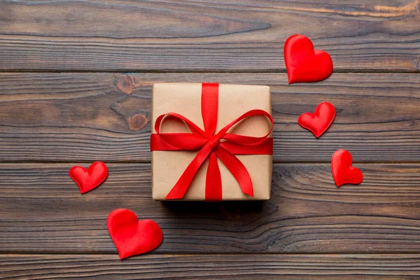 Valentine Day Composition Background Red Gift Box Bow Heart Christmas — Stock Photo, Image