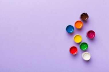 Renkli arka planda farklı renkte gagalı kavanozlar. Hobi resim. Boşluğu olan üst görünüm. Yaratıcılık için işyeri. ev öğretmenliği kavramı çizimi.