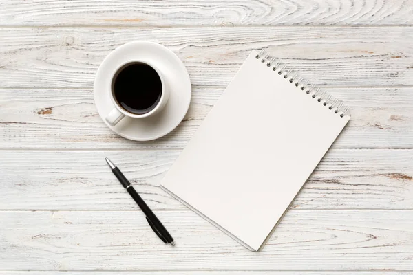 Modern Office Desk Table Notebook Other Supplies Cup Coffee Blank — Stockfoto