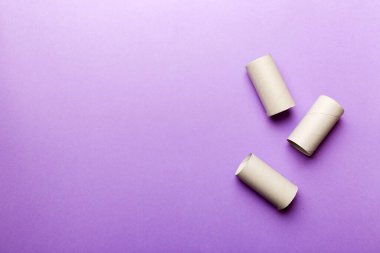 Boş tuvalet kağıdı ruloları ve renk arkaplanı üzerine metin için alanı olan düz bir kompozisyon. Kraft kağıdı veya kartondan yapılmış metal kapaklı geri dönüşümlü kağıt tüp.