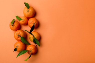 Renkli arkaplanda yeşil yaprakları, üst görünümü, metin için alanı olan bir sürü olgun mandalina..
