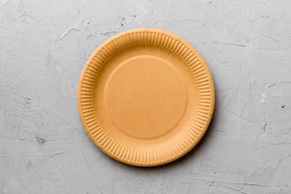 Top View Eco Paper Plate Cement Background Empty Space Your — Stock Photo, Image