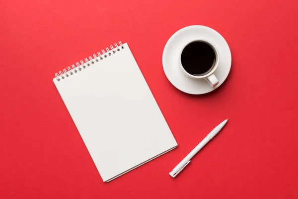 Modern Office Desk Table Notebook Other Supplies Cup Coffee Blank — Stockfoto