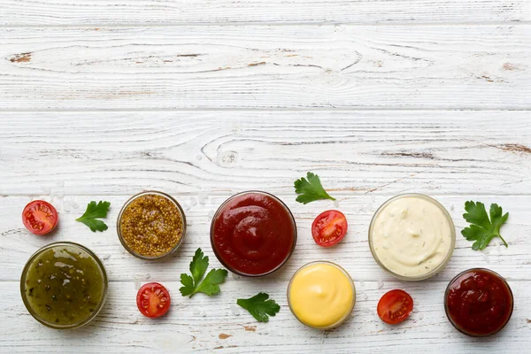 Many Different Sauces Herbs Table Flat Lay Top View Sauces — Stock Photo, Image