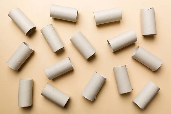 Flat Lay Composition Empty Toilet Paper Rolls Space Text Color — Stock Photo, Image