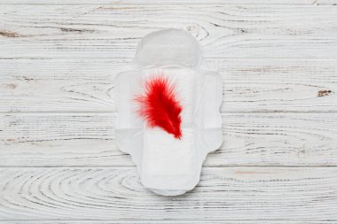 Kadın hijyen ürünleri ya da arka planda kırmızı tüy olan hijyenik ped. Pastel renk. - Yakın çekim. Mesaj için boş bir yer. Kadın günlük hijyeni..