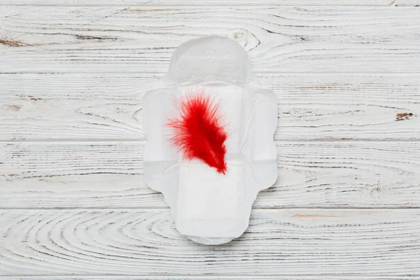 Kadın hijyen ürünleri ya da arka planda kırmızı tüy olan hijyenik ped. Pastel renk. - Yakın çekim. Mesaj için boş bir yer. Kadın günlük hijyeni..