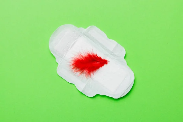 Productos Higiene Para Mujeres Almohadilla Sanitaria Con Plumas Rojas Sobre —  Fotos de Stock