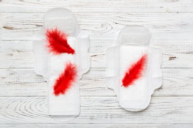 Kadın hijyen ürünleri ya da arka planda kırmızı tüy olan hijyenik ped. Pastel renk. - Yakın çekim. Mesaj için boş bir yer. Kadın günlük hijyeni..