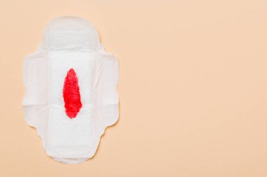 Kadın hijyen ürünleri ya da arka planda kırmızı tüy olan hijyenik ped. Pastel renk. - Yakın çekim. Mesaj için boş bir yer. Kadın günlük hijyeni..