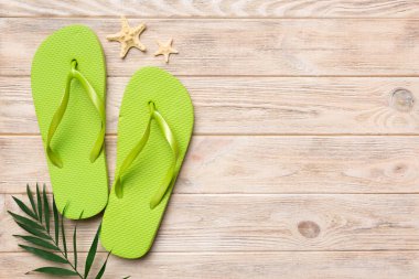 Renkli arka planda parmak arası terlikleri ve deniz kabuğu olan düz bir kompozisyon. Metin üstü görünümü için boşluk.