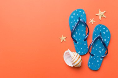 Renkli arka planda parmak arası terlikleri ve deniz kabuğu olan düz bir kompozisyon. Metin üstü görünümü için boşluk.