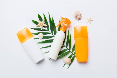 Güneş kremi şişesi. Güneş korumalı krem ve tropik yeşil yapraklı deniz kabukları olan bir şişe..