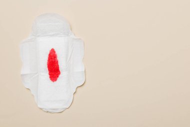 Kadın hijyen ürünleri ya da arka planda kırmızı tüy olan hijyenik ped. Pastel renk. - Yakın çekim. Mesaj için boş bir yer. Kadın günlük hijyeni..