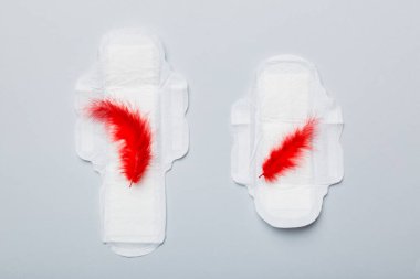 Kadın hijyen ürünleri ya da arka planda kırmızı tüy olan hijyenik ped. Pastel renk. - Yakın çekim. Mesaj için boş bir yer. Kadın günlük hijyeni..