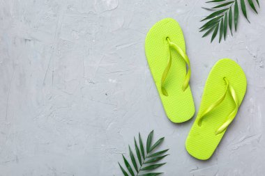 Renkli arka planda parmak arası terlikleri ve deniz kabuğu olan düz bir kompozisyon. Metin üstü görünümü için boşluk.