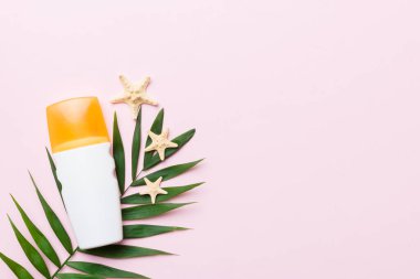 Güneş kremi şişesi. Güneş korumalı krem ve tropik yeşil yapraklı deniz kabukları olan bir şişe..