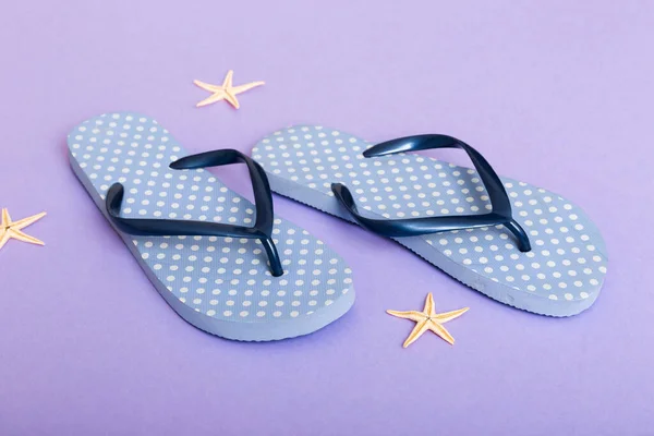 Beach Accessories Flip Flops Starfish Colored Background Top View Mock — Foto Stock