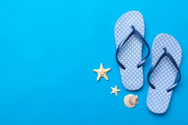 Renkli arka planda parmak arası terlikleri ve deniz kabuğu olan düz bir kompozisyon. Metin üstü görünümü için boşluk.